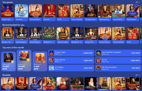 Skrin lobi kasino langsung dengan meja dealer, penunjuk had dan pilihan penyemakan imbas meja pantas