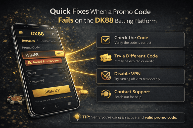 Langkah pembaikan kod promo menunjukkan semakan pantas untuk kod tidak sah, kredit bonus hilang atau kegagalan pengaktifan