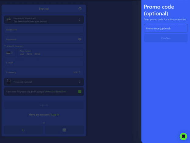 Skrin pendaftaran dengan medan kod promo di Dashking88 untuk memohon tawaran pendaftaran DK88