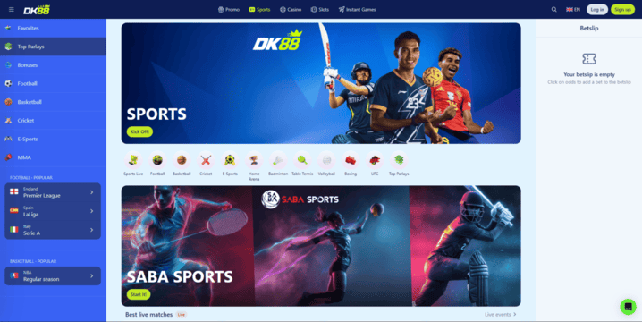 Antara muka sportsbook dengan senarai acara, pilihan pasaran dan kawasan slip pertaruhan di Dash King 88